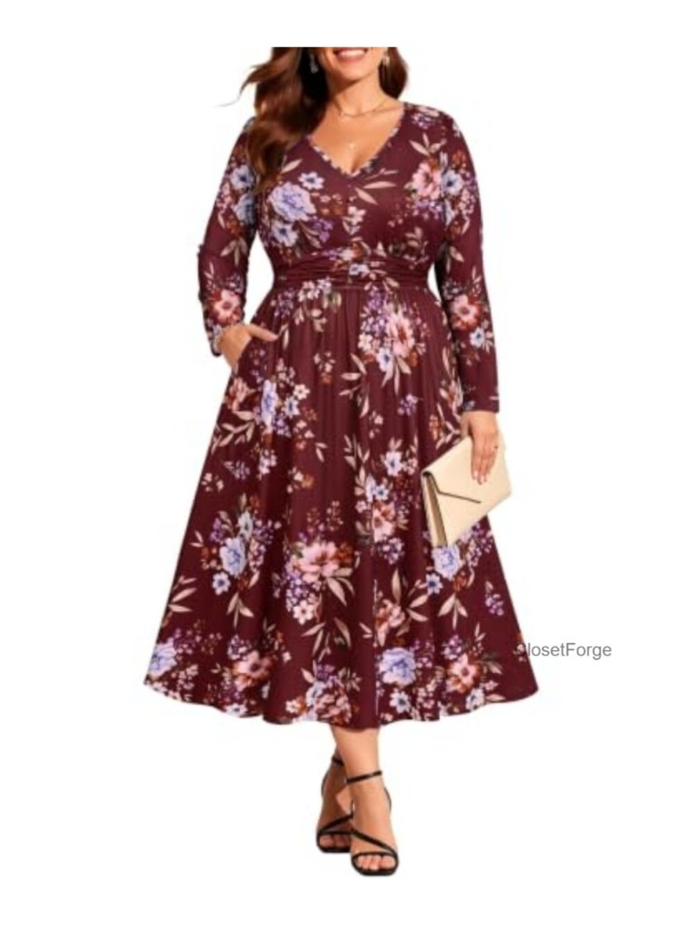 Plus Size Long Sleeve V Neck Maxi Dress Stretchy Wrinkle-Resistant